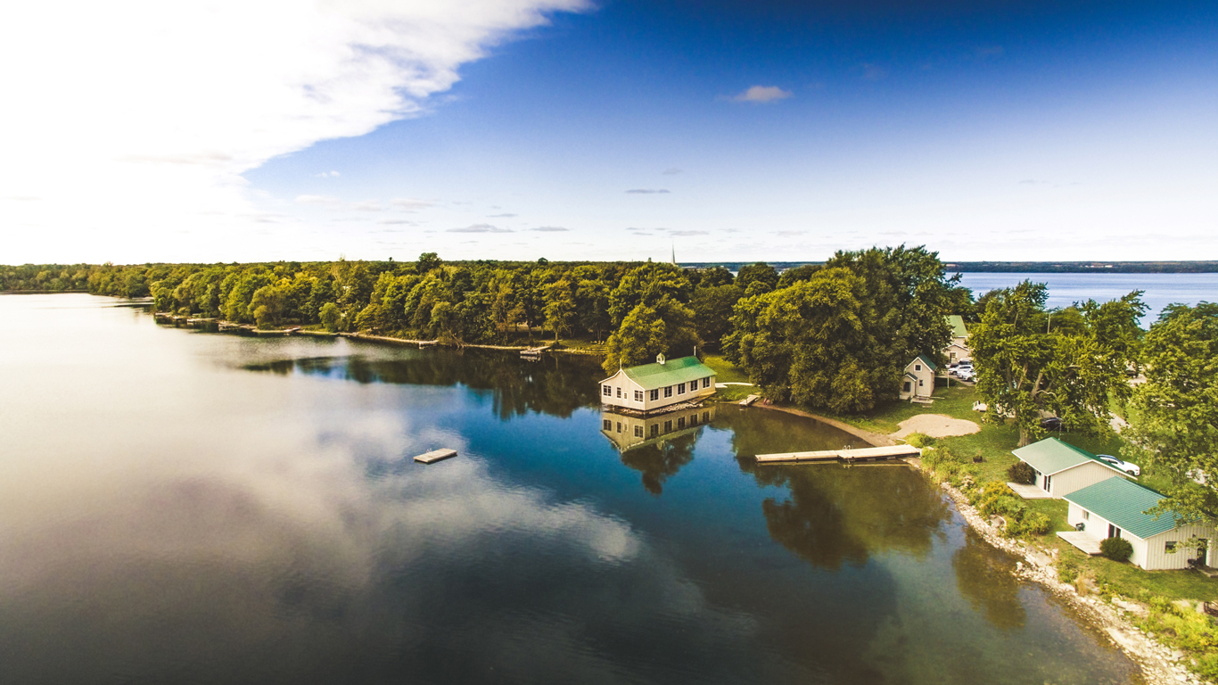 Aerial view of waterfront in Prince Edward County